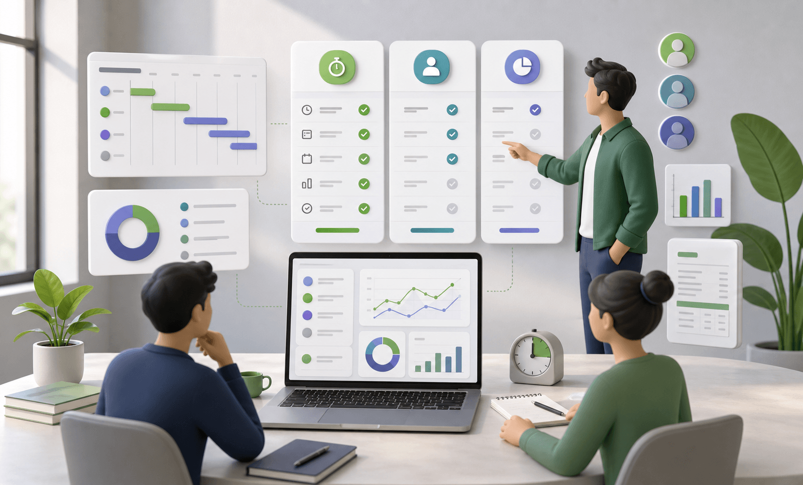 Small team software comparison dashboard with project reports and collaboration cards