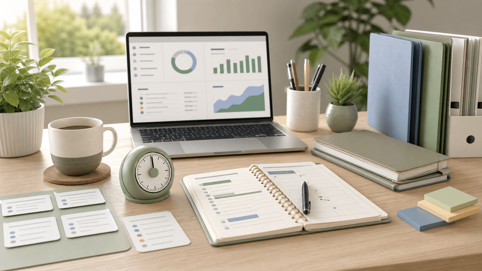 Freelancer daily planning desk with timer, task cards, client folders, and hour summaries