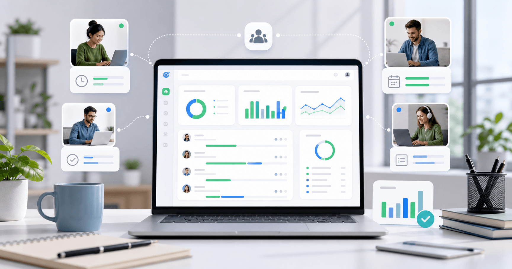 Remote team time tracking dashboard with teammate cards, project progress, and task entries