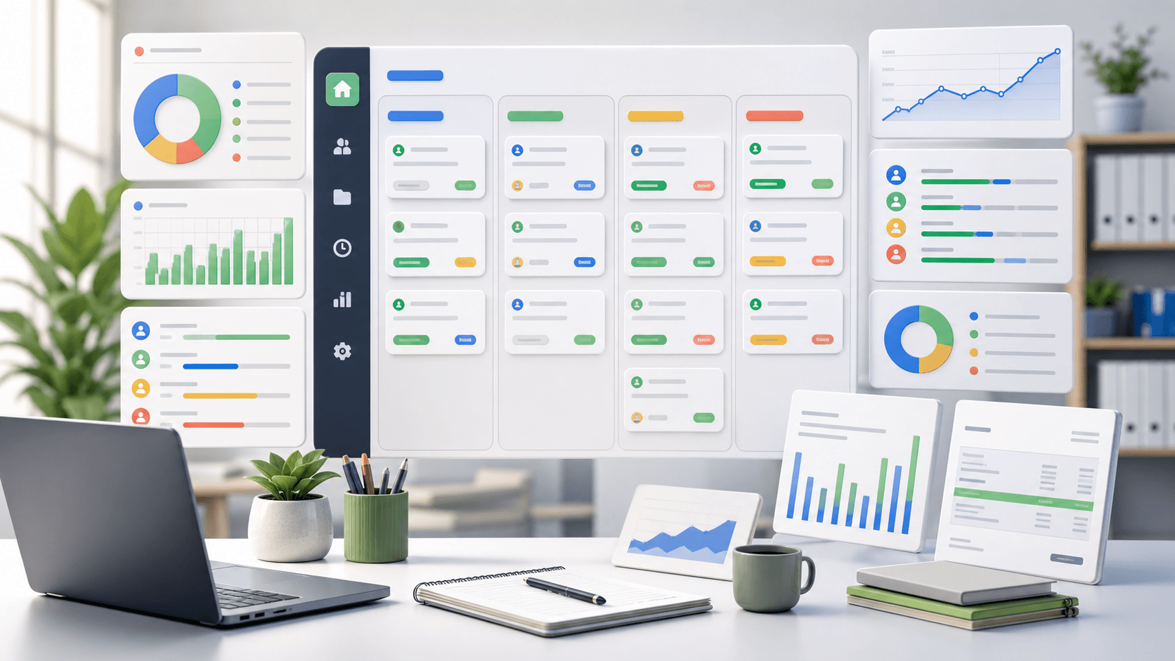 Agency project dashboard with Kanban cards, billable status, workload chart, and reports