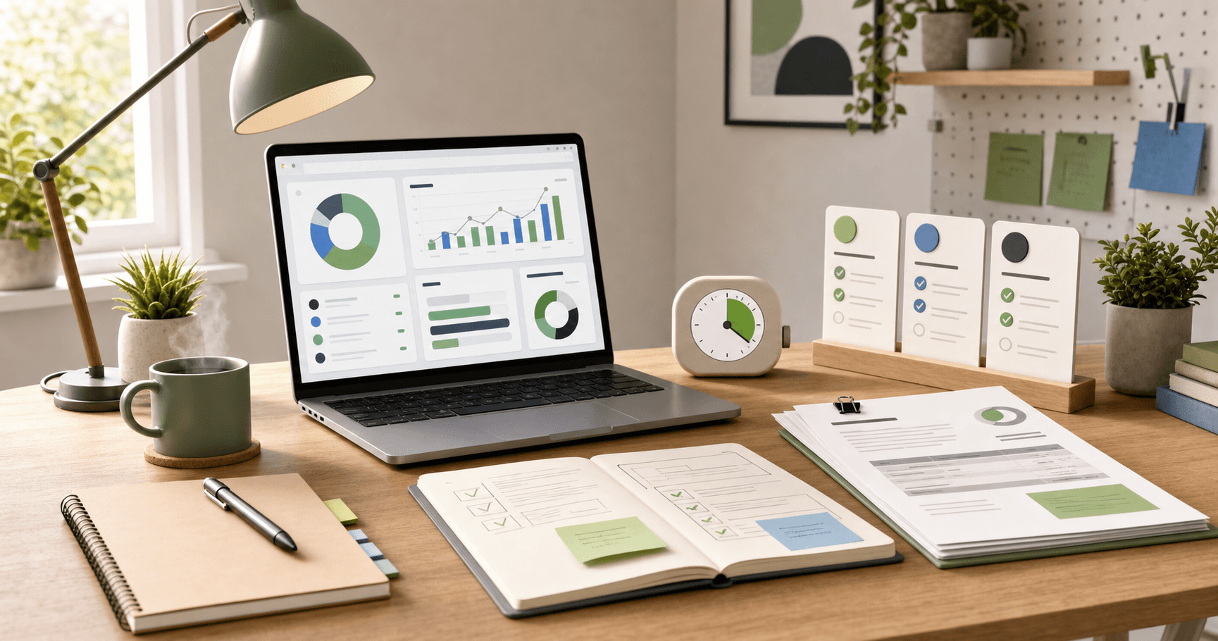 Freelancer workspace with timer, client project cards, tasks, and invoice preview