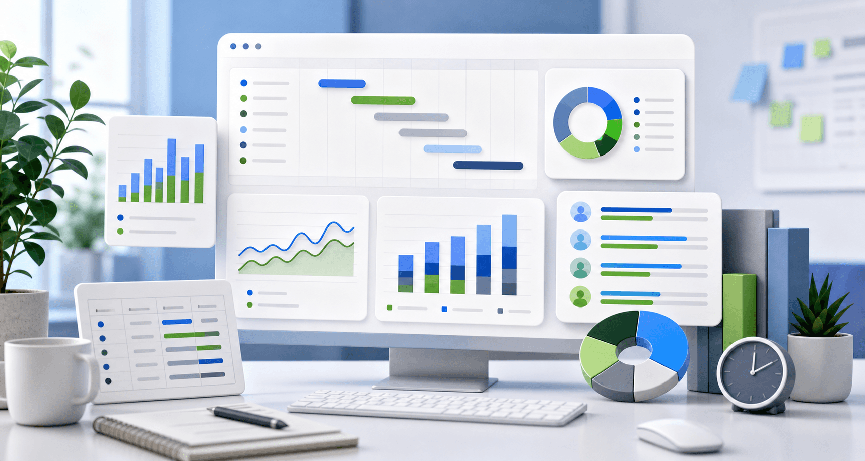 Project time reports dashboard with timelines, budget bars, workload columns, and charts