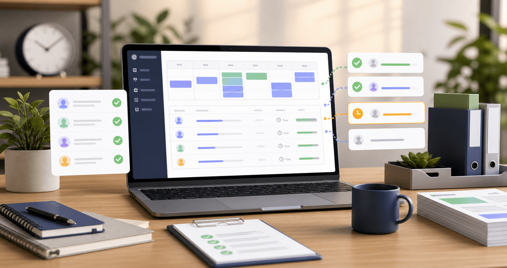 Timesheet approval dashboard with checklist cards, weekly calendar blocks, and time entry rows